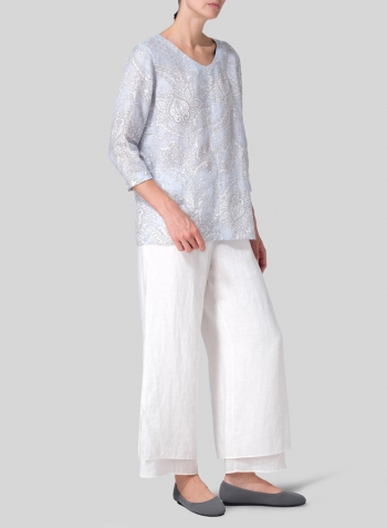 Blue Paisley Waves Linen Regular Fit Embroidered V-Neck Top
