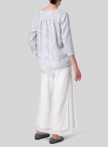 Blue Paisley Waves Linen Regular Fit Embroidered V-Neck Top