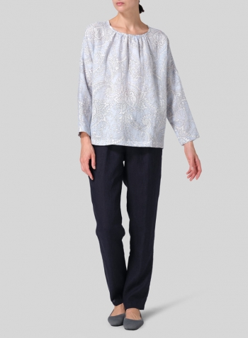 Blue Paisley Waves Linen Loose Pleated Crew Neck Blouse