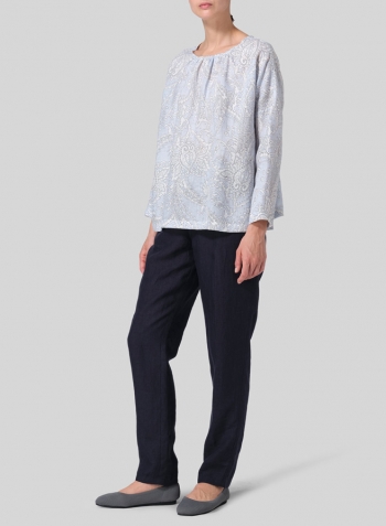 Blue Paisley Waves Linen Loose Pleated Crew Neck Blouse