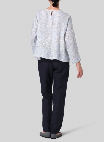 Blue Paisley Waves Linen Loose Pleated Crew Neck Blouse