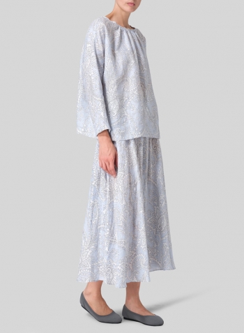 Blue Paisley Waves Linen Loose Pleated Crew Neck Blouse Set