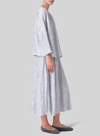Blue Paisley Waves Linen Loose Pleated Crew Neck Blouse Set