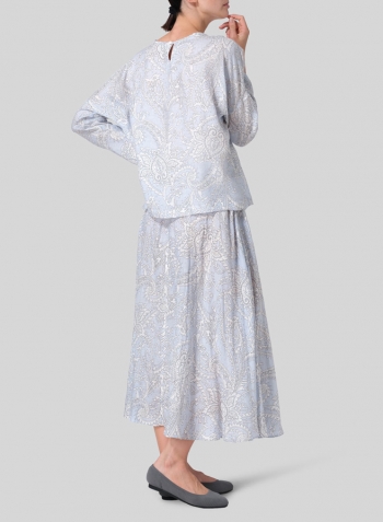Blue Paisley Waves Linen Loose Pleated Crew Neck Blouse Set