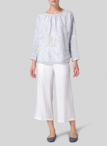 Blue Paisley Waves Linen Loose Pleated Crew Neck Blouse