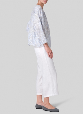 Blue Paisley Waves Linen Loose Pleated Crew Neck Blouse