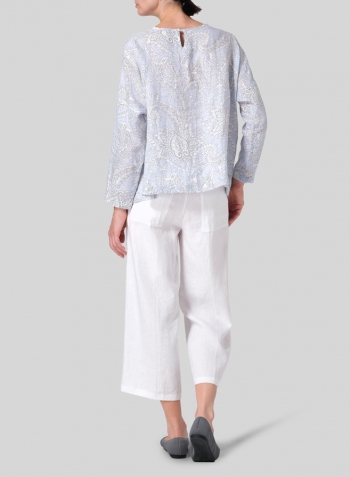 Blue Paisley Waves Linen Loose Pleated Crew Neck Blouse