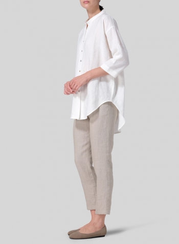 Off White Linen Mandarin Collar Drop-shoulder Long Shirt