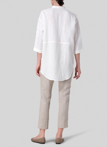 Off White Linen Mandarin Collar Drop-shoulder Long Shirt