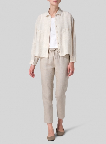 Oat Linen Sloped Shoulder Wide Boxes with Collar Cropped Shirt