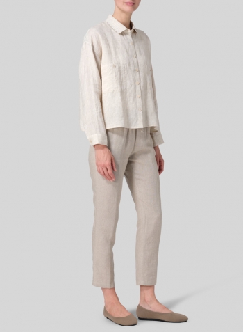 Oat Linen Sloped Shoulder Wide Boxes with Collar Cropped Shirt