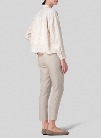 Oat Linen Sloped Shoulder Wide Boxes with Collar Cropped Shirt