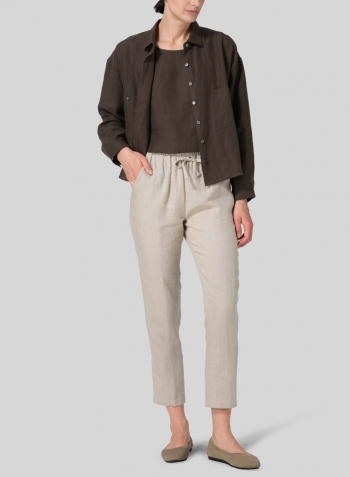 Dark Olive Brown Linen Sloped Shoulder Wide Boxes with Collar Cropped Shirt