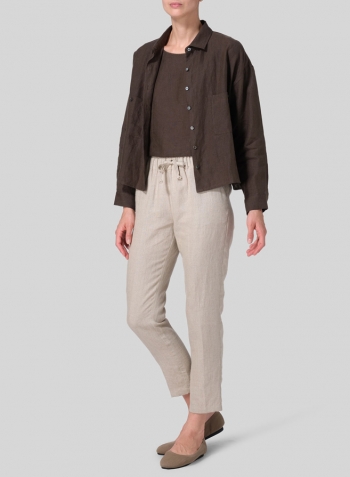 Dark Olive Brown Linen Sloped Shoulder Wide Boxes with Collar Cropped Shirt