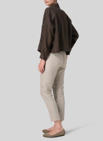 Dark Olive Brown Linen Sloped Shoulder Wide Boxes with Collar Cropped Shirt