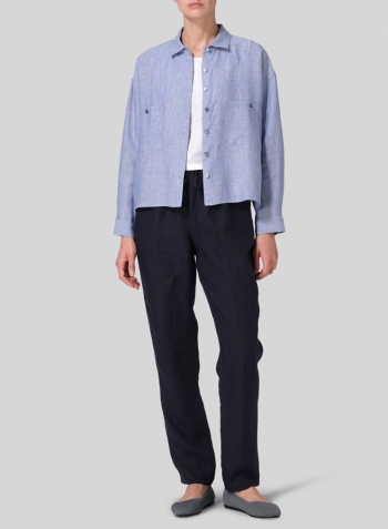 Pale Blue Linen Sloped Shoulder Wide Boxes with Collar Cropped Shirt
