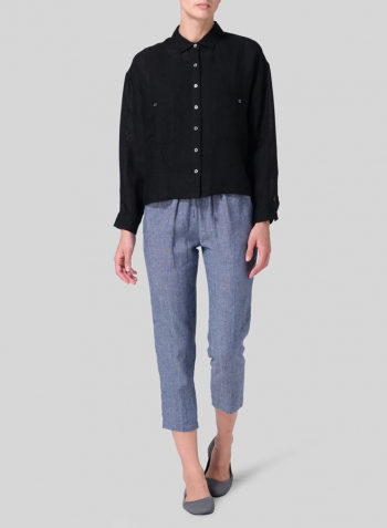 Black Linen Sloped Shoulder Wide Boxes with Collar Cropped Shirt