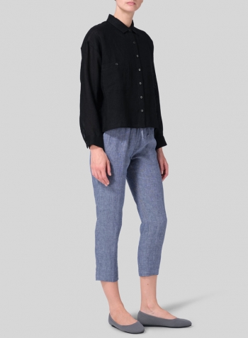 Black Linen Sloped Shoulder Wide Boxes with Collar Cropped Shirt