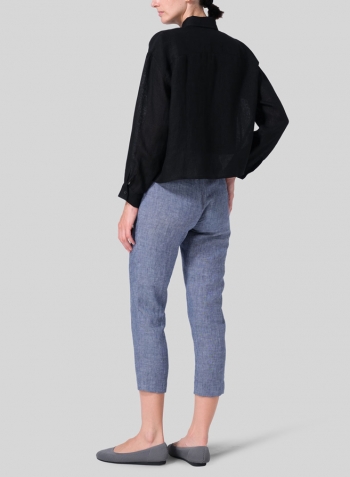 Black Linen Sloped Shoulder Wide Boxes with Collar Cropped Shirt