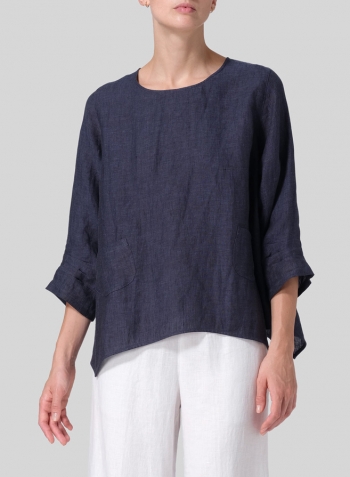 Dark Denim Linen Round Neck 3/4 Sleeve Top