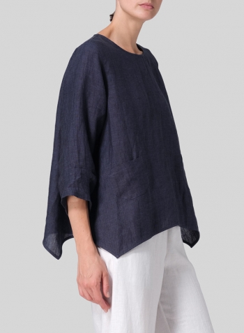 Dark Denim Linen Round Neck 3/4 Sleeve Top