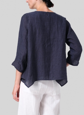 Dark Denim Linen Round Neck 3/4 Sleeve Top