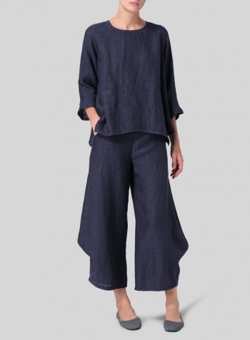 Dark Denim Linen Round Neck 3/4 Sleeve Top Set