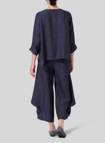 Dark Denim Linen Round Neck 3/4 Sleeve Top Set