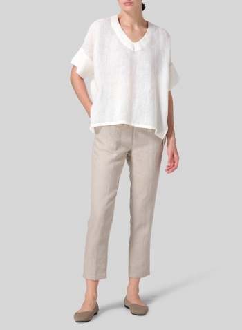 Cream Linen Sloped Shoulder Wide Boxy V-neck Top