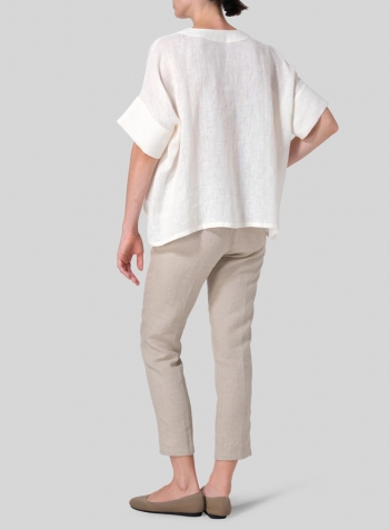 Cream Linen Sloped Shoulder Wide Boxy V-neck Top