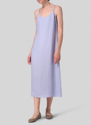 Light Sky Blue Linen Slim Fit Spaghetti Strap Dress