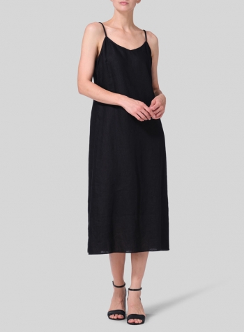 Black Linen Slim Fit Spaghetti Strap Dress