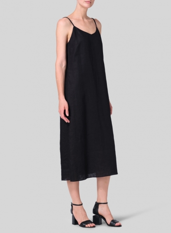 Black Linen Slim Fit Spaghetti Strap Dress