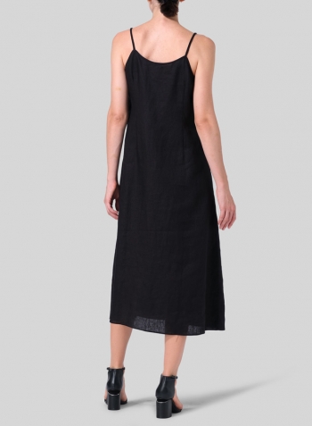 Black Linen Slim Fit Spaghetti Strap Dress