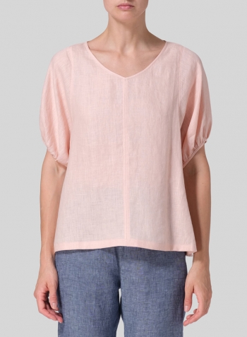 Rose Pink Linen Drawstring Cuffs Short Sleeve Top