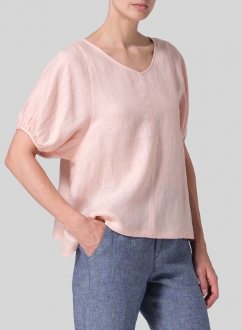 Rose Pink Linen Drawstring Cuffs Short Sleeve Top