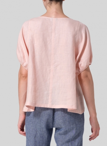 Rose Pink Linen Drawstring Cuffs Short Sleeve Top