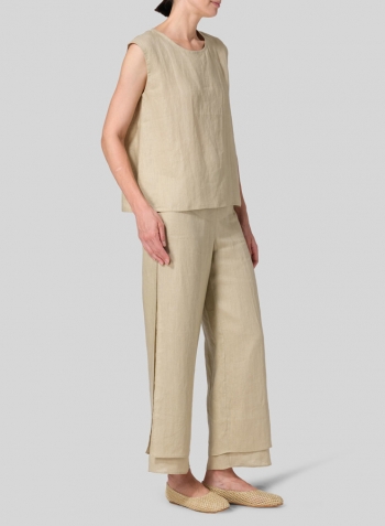 Light Khaki Linen A-Line French Sleeve Blouse Set