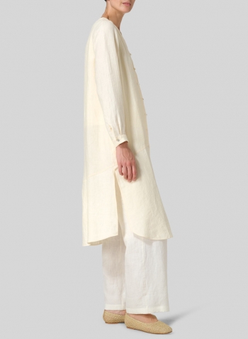 Soft White Linen V-neck Long Blouse Set