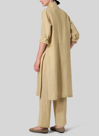 Flaxen Linen High Stand Collar Long Shirt Set