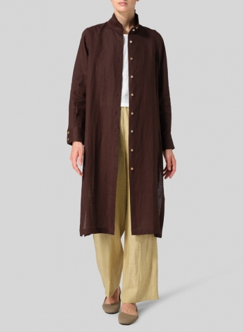 Brown Linen High Stand Collar Long Shirt