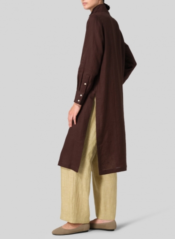 Brown Linen High Stand Collar Long Shirt