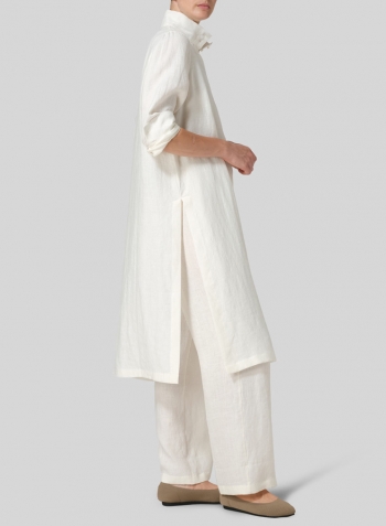 Off White Linen High Stand Collar Long Shirt Set