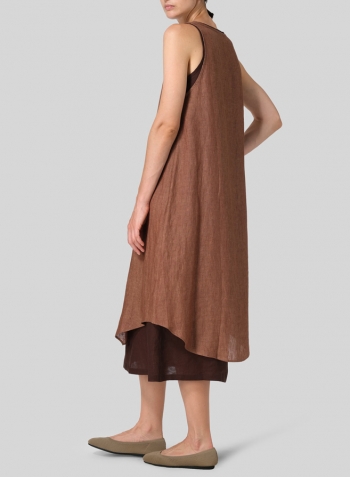 Brown Linen Double Layered Long Dress