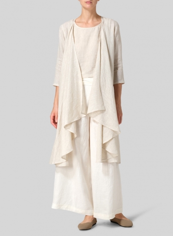 Oat Linen Long Waterfall-Front Jacket Set