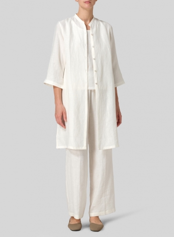 Cream White Linen Mandarin Collar Simple Long Blouse