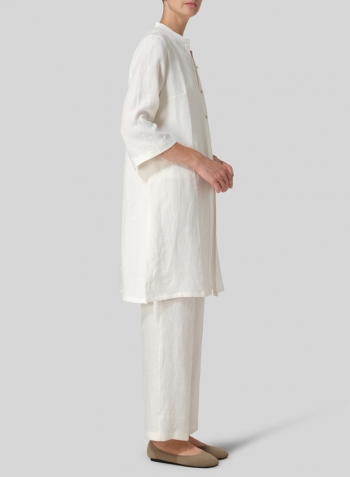 Cream White Linen Mandarin Collar Simple Long Blouse