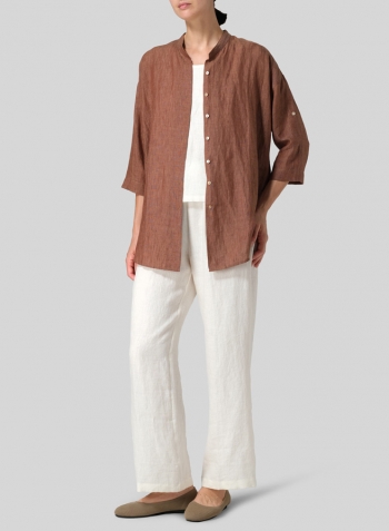 Cinnamon Linen Mandarin Collar Dropped shoulder Long Shirt