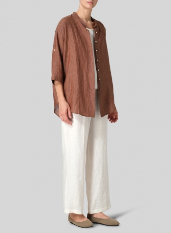 Cinnamon Linen Mandarin Collar Dropped shoulder Long Shirt