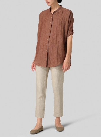 Cinnamon Linen Mandarin Collar Dropped shoulder Long Shirt